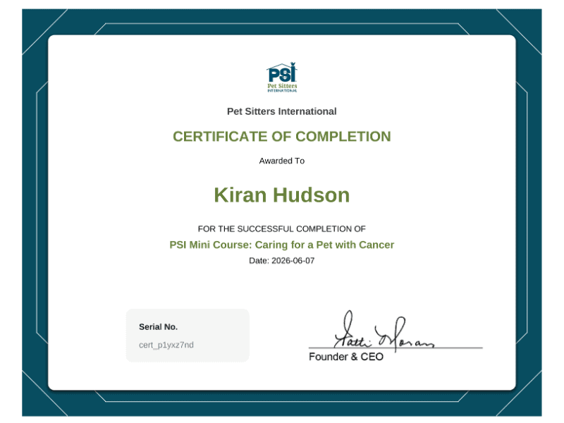 Kiran Certificate PSI Mini Course Caring for a Pet with Cancer (3) Kiran Certificate PSI Mini Course Caring for a Pet with Cancer
