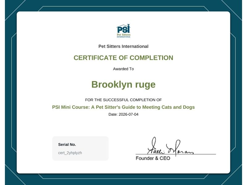 Brooklyn Certificate PSI Mini Course A Pet Sitter's Guide to Meeting Cats and Dogs Brooklyn Certificate PSI Mini Course A Pet Sitter's Guide to Meeting Cats and Dogs