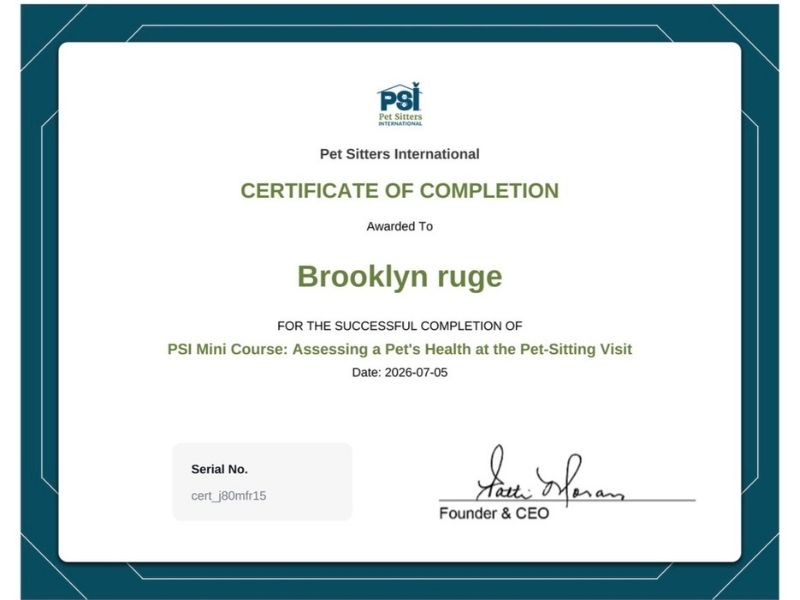 Brooklyn Certificate PSI Mini Course Assessing a Pet's Health at the Pet-Sitting Visit Brooklyn Certificate PSI Mini Course Assessing a Pet's Health at the Pet-Sitting Visit