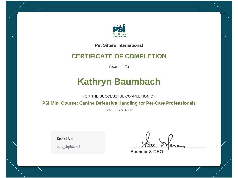 Katie Certificate PSI Mini Course Canine Defensive Handling for Pet-Care Professionals Katie Certificate PSI Mini Course Canine Defensive Handling for Pet-Care Professionals