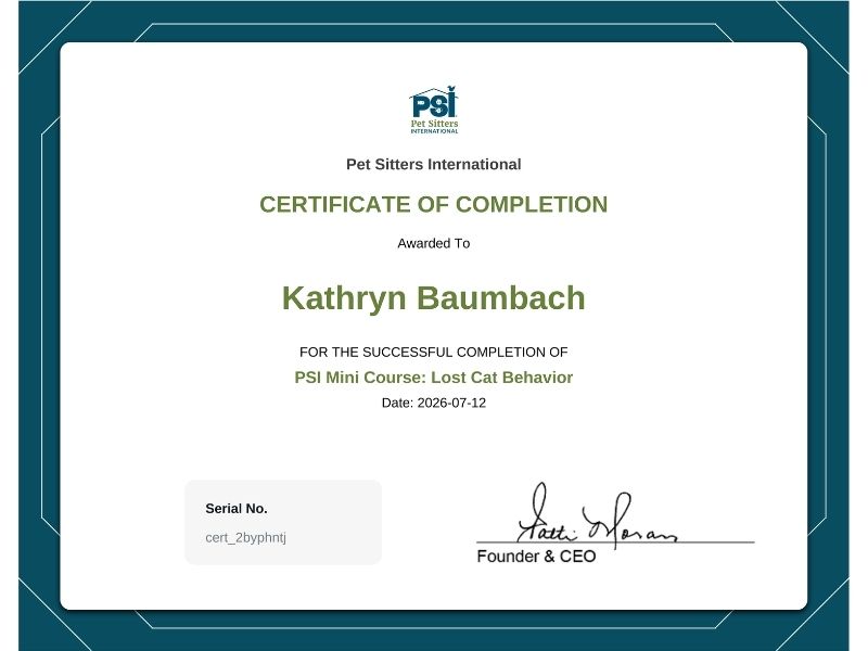 Katie Certificate PSI Mini Course Lost Cat Behavior Katie Certificate PSI Mini Course Lost Cat Behavior