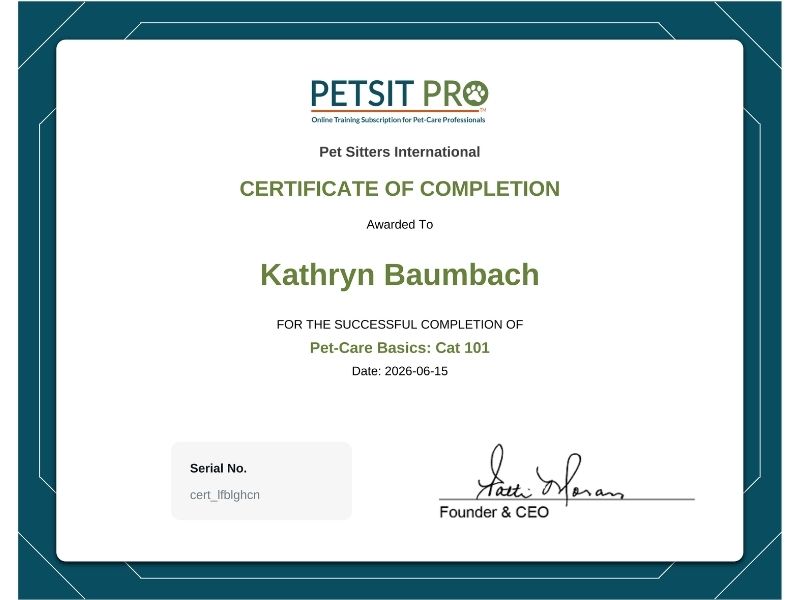 Katie Certificate Pet-Care Basics Cat 101 Katie Certificate Pet-Care Basics Cat 101
